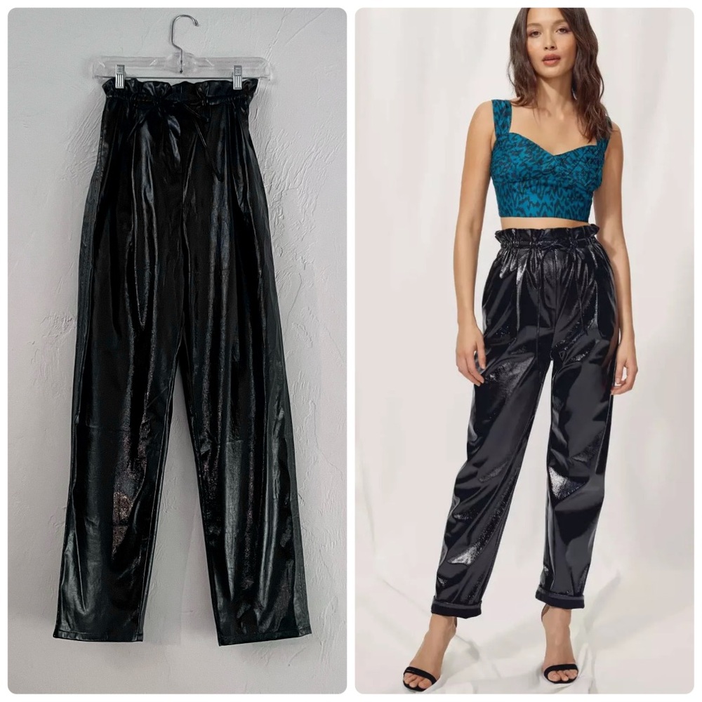 Aritzia Wilfred XS/S Jive Faux Leather Shiny Paper Bag Waist Pants, Black Patent